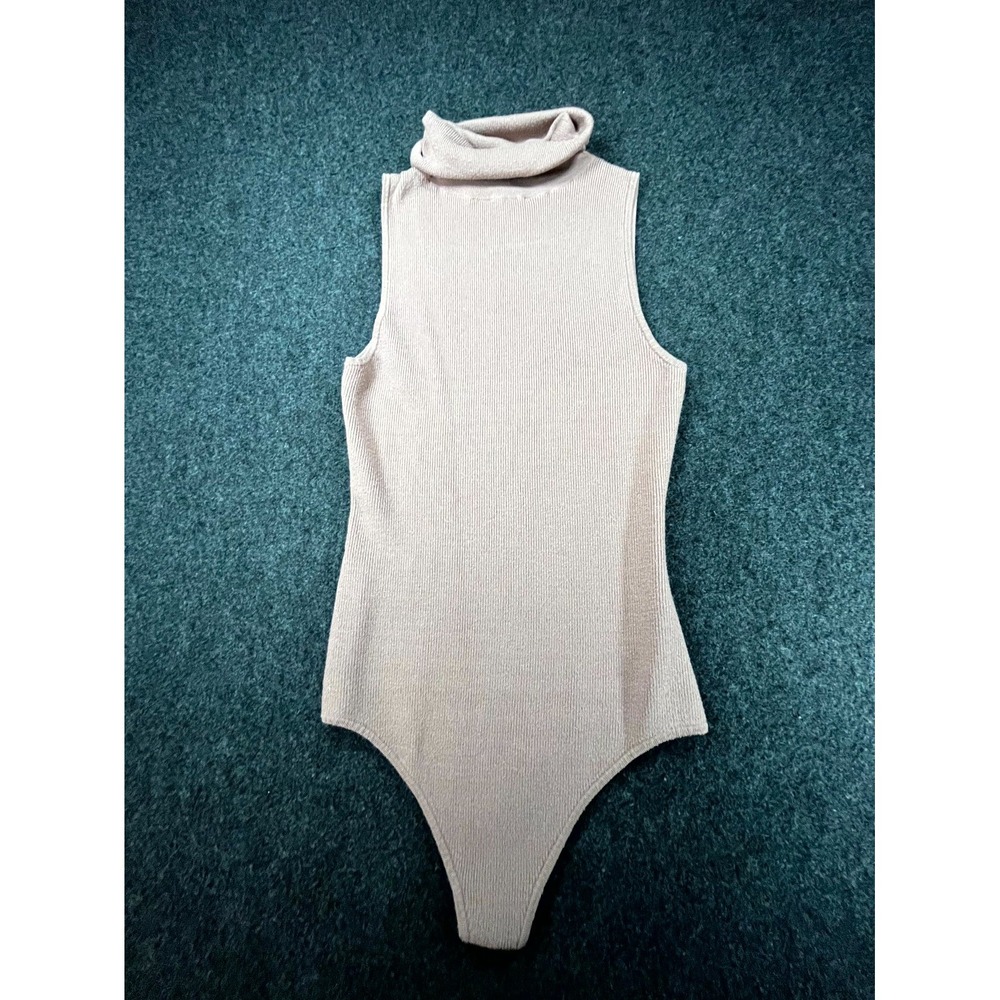 Lulus Ribbed Bodysuit Womens Medium Taupe Brown Turtleneck Classic Sleeveless
